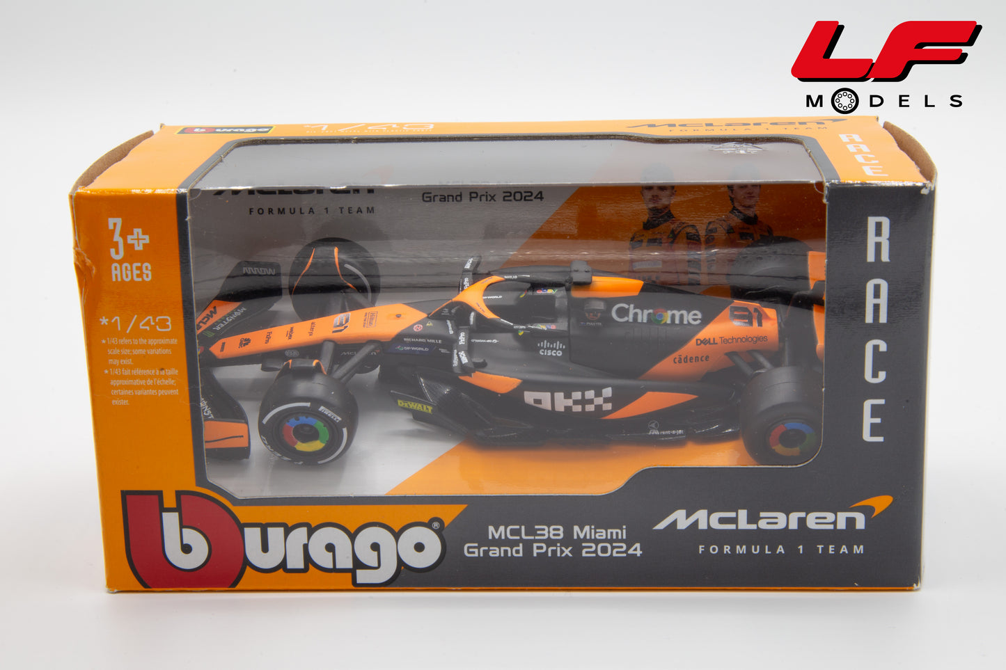 modellino mclaren mcl38 miami gp 2024 burago 1:43 18-38214-P vista scatola
