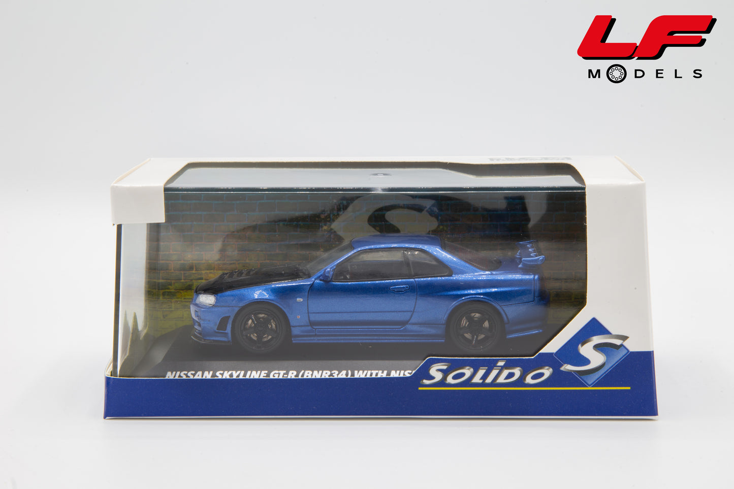 modellino nissan skyline gt-r bnr34 with nismo parts blu solido 1:43 4318202 vista scatola