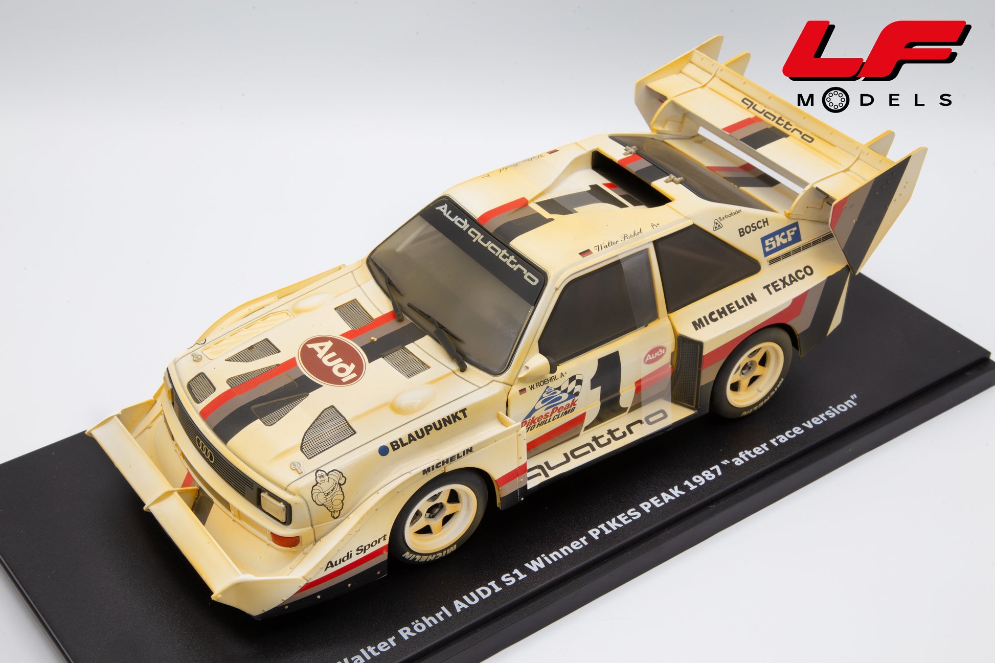 modellino audi quattro s1 rally pikes peak dirty rohrl cmr 1:18 frontale