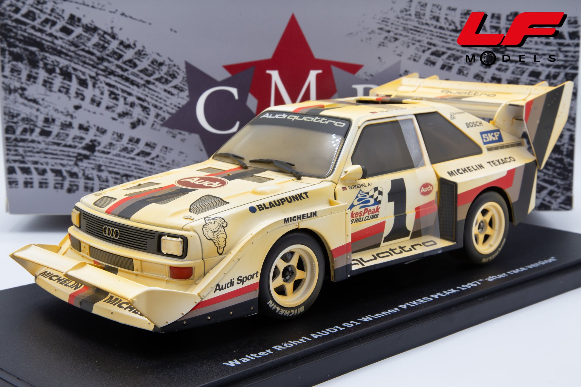 modellino audi quattro s1 rally pikes peak dirty rohrl cmr 1:18 frontale