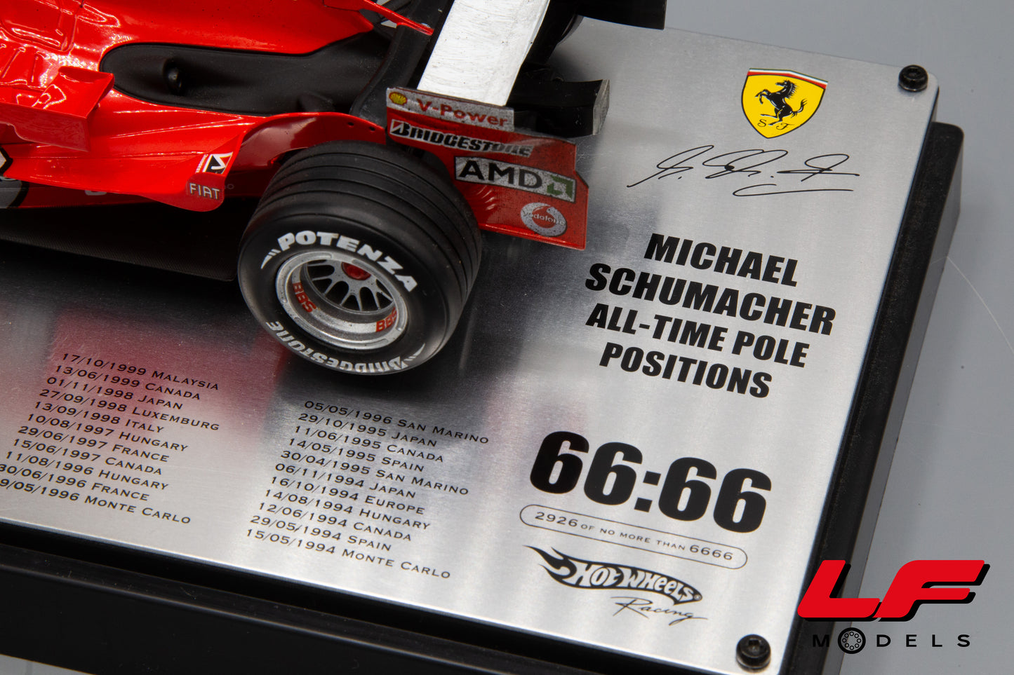 modellino ferrari 248 f1 schumacher all time pole position hot wheels 1:18 base
