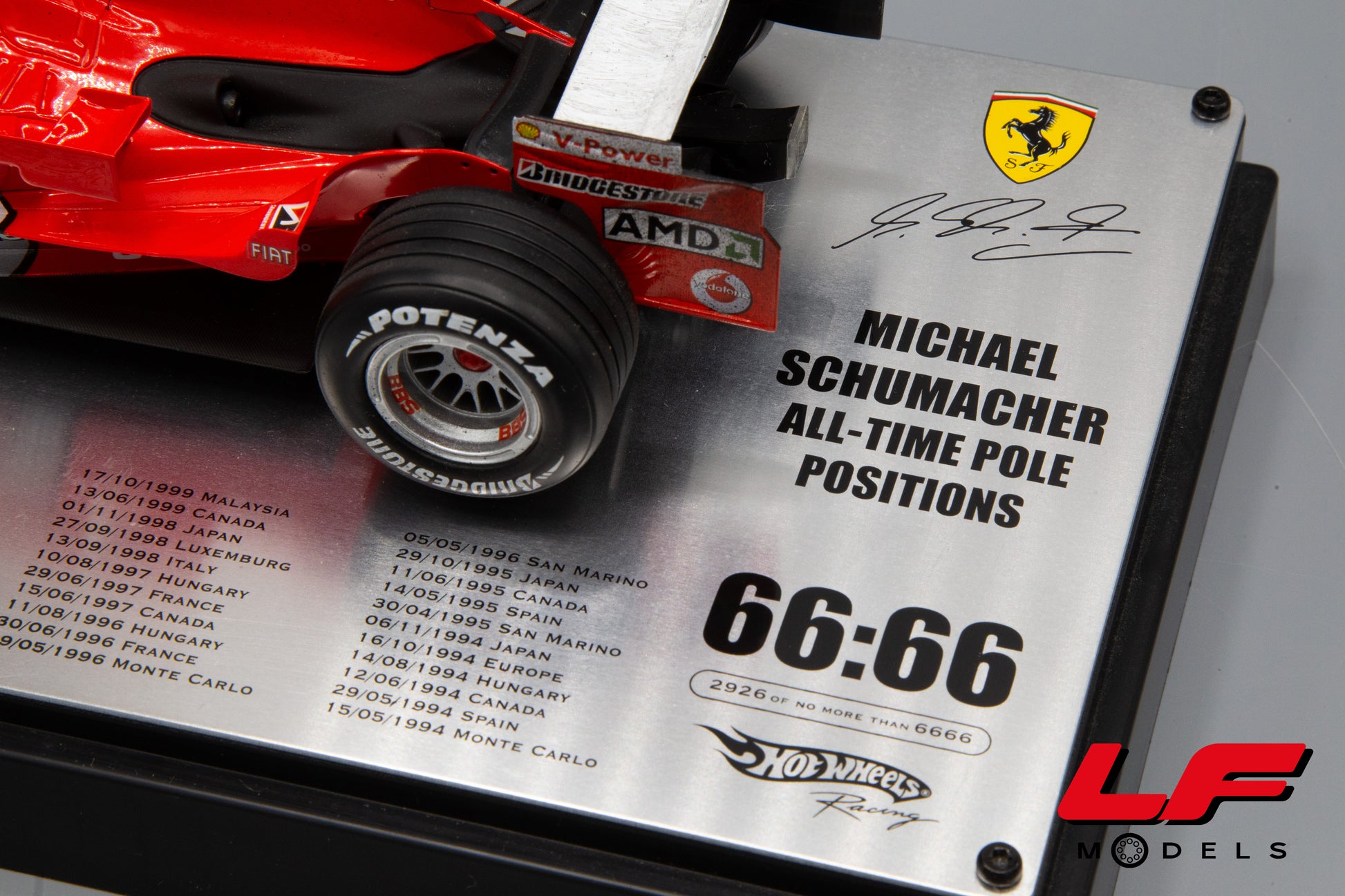 modellino ferrari 248 f1 schumacher all time pole position hot wheels 1:18 base