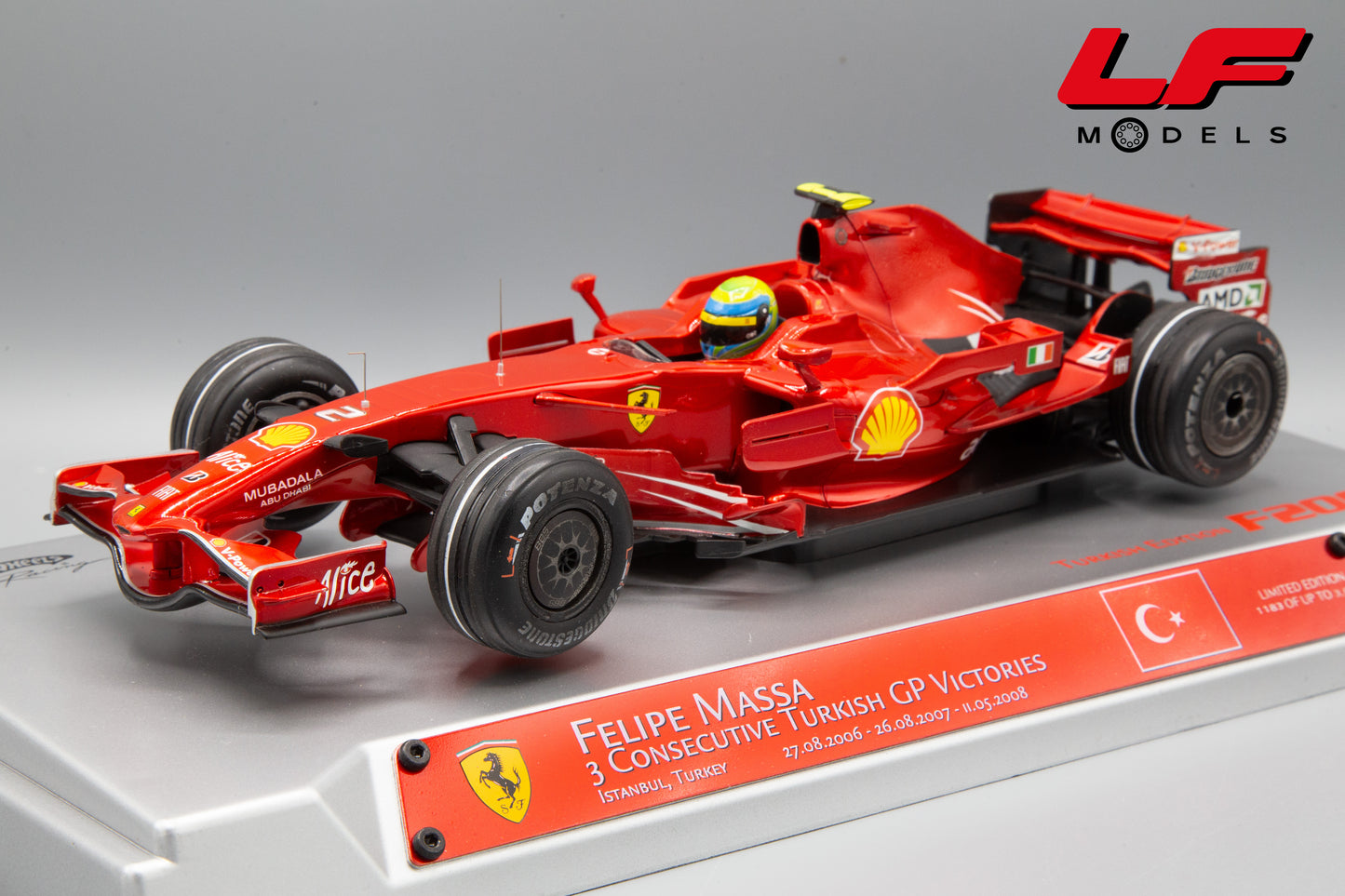 modellino ferrari f2008 f. massa 3 turkish gp victories hot wheels 1:18 frontale