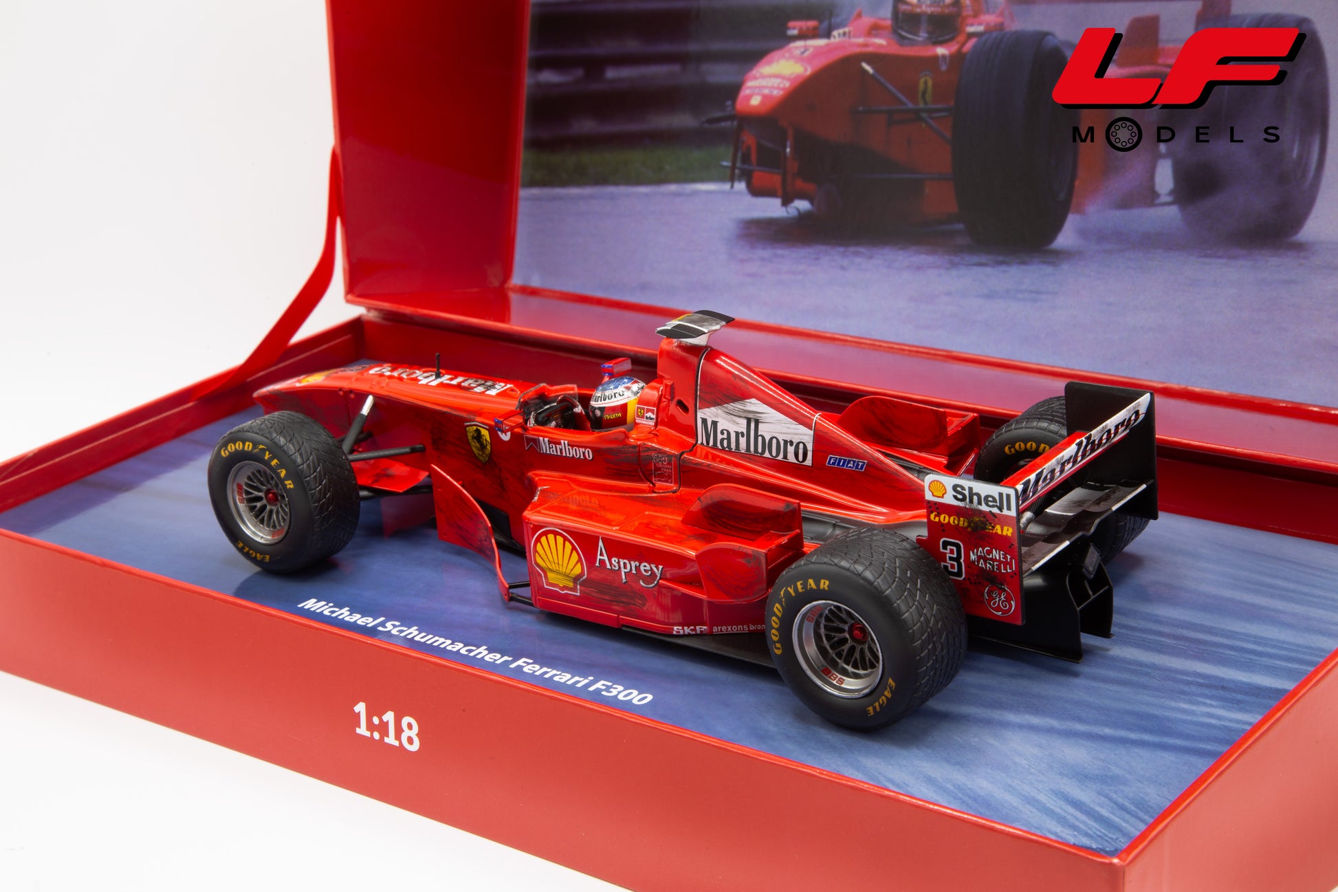 modellino ferrari f300 3 wheels schumacher crash involving werk83 1:18 W18033007 vista posteriore