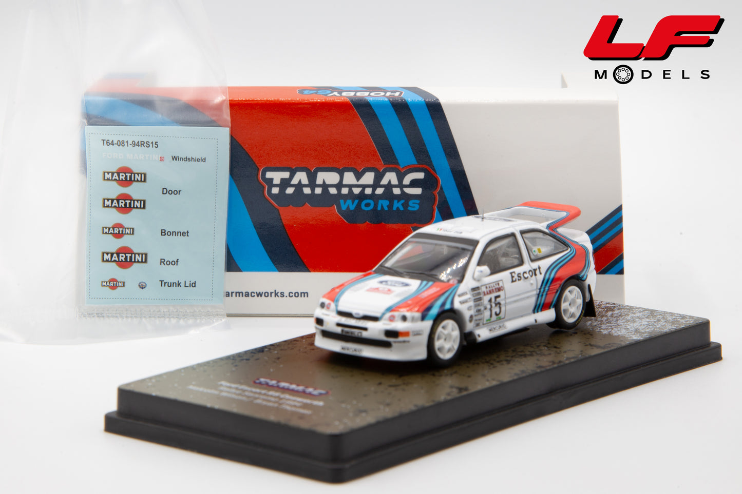 modellino ford escort rs cosworth rally sanremo tarmac 1:64 T64-081-94RS15 vista adesivi