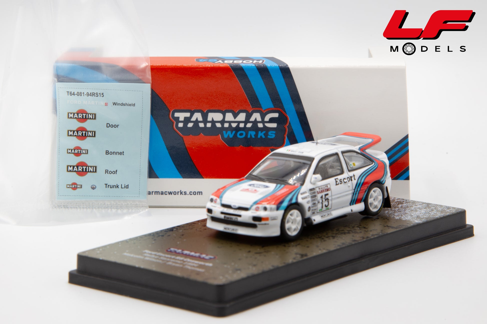 modellino ford escort rs cosworth rally sanremo tarmac 1:64 T64-081-94RS15 vista adesivi