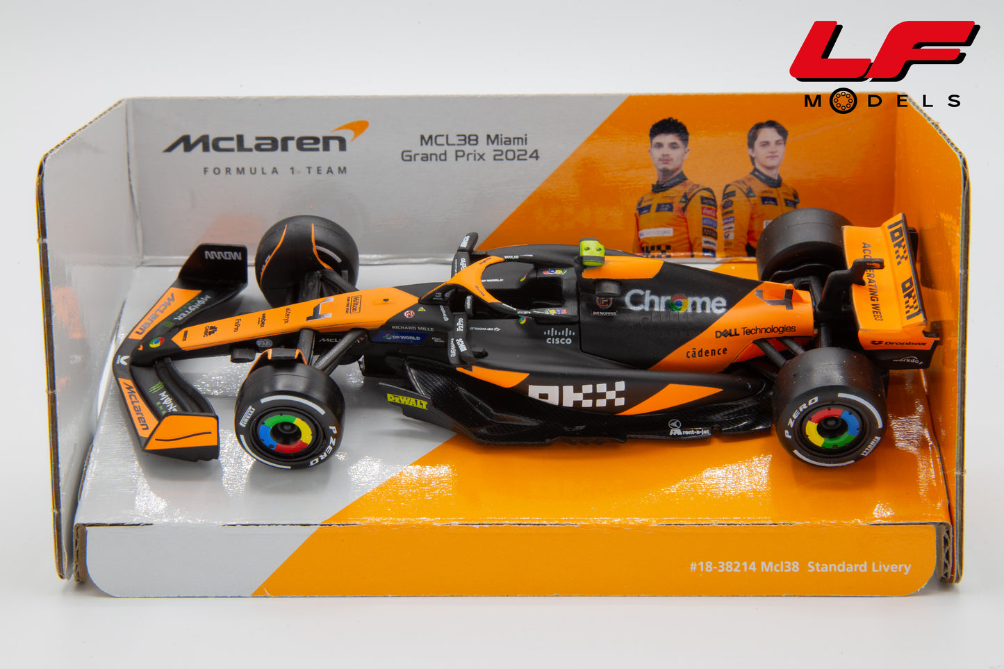 modellino mclaren mcl38 miami gp 2024 burago 1:43 18-38214-N vista frontale
