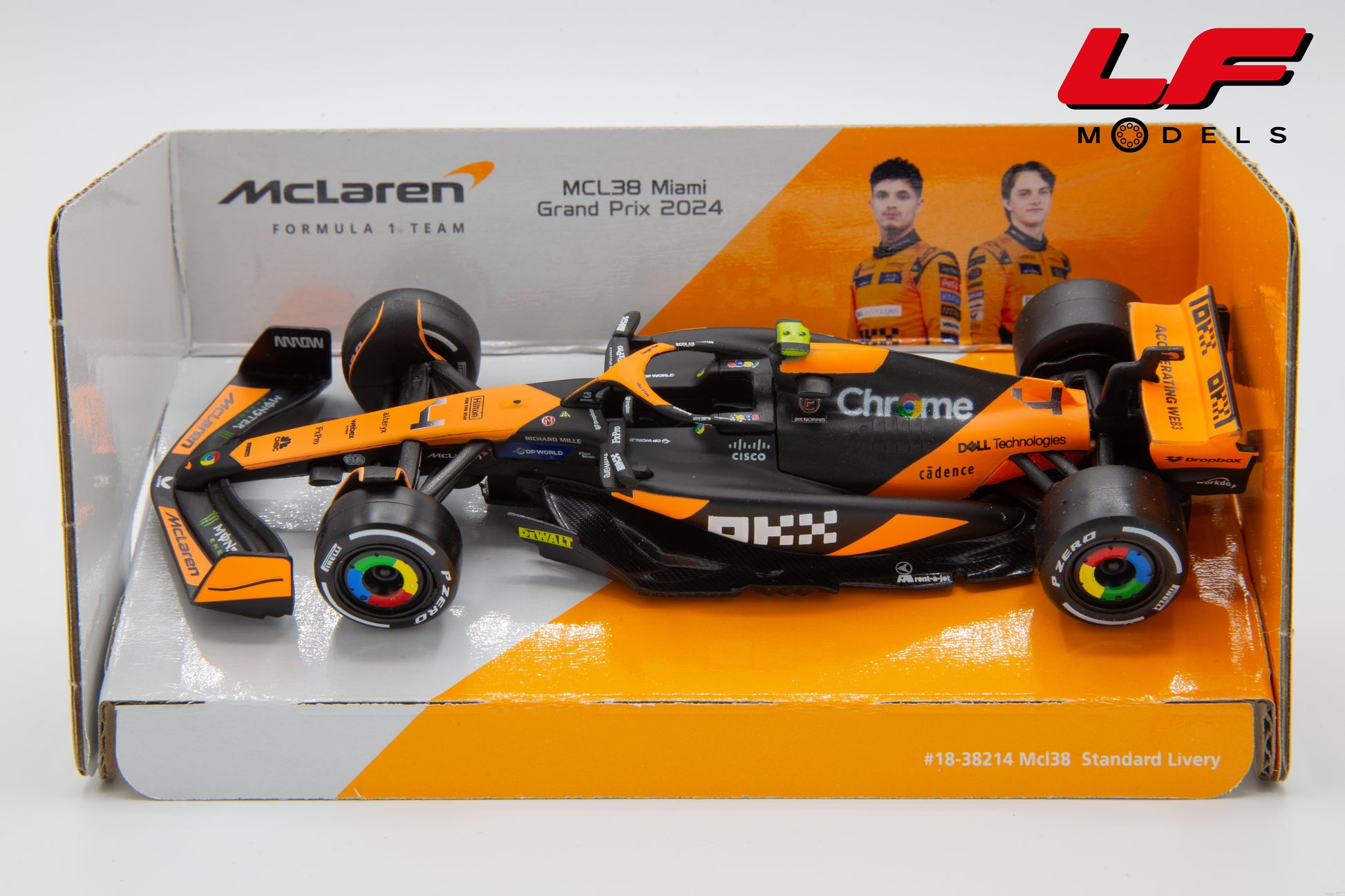 modellino mclaren mcl38 miami gp 2024 burago 1:43 18-38214-N vista frontale
