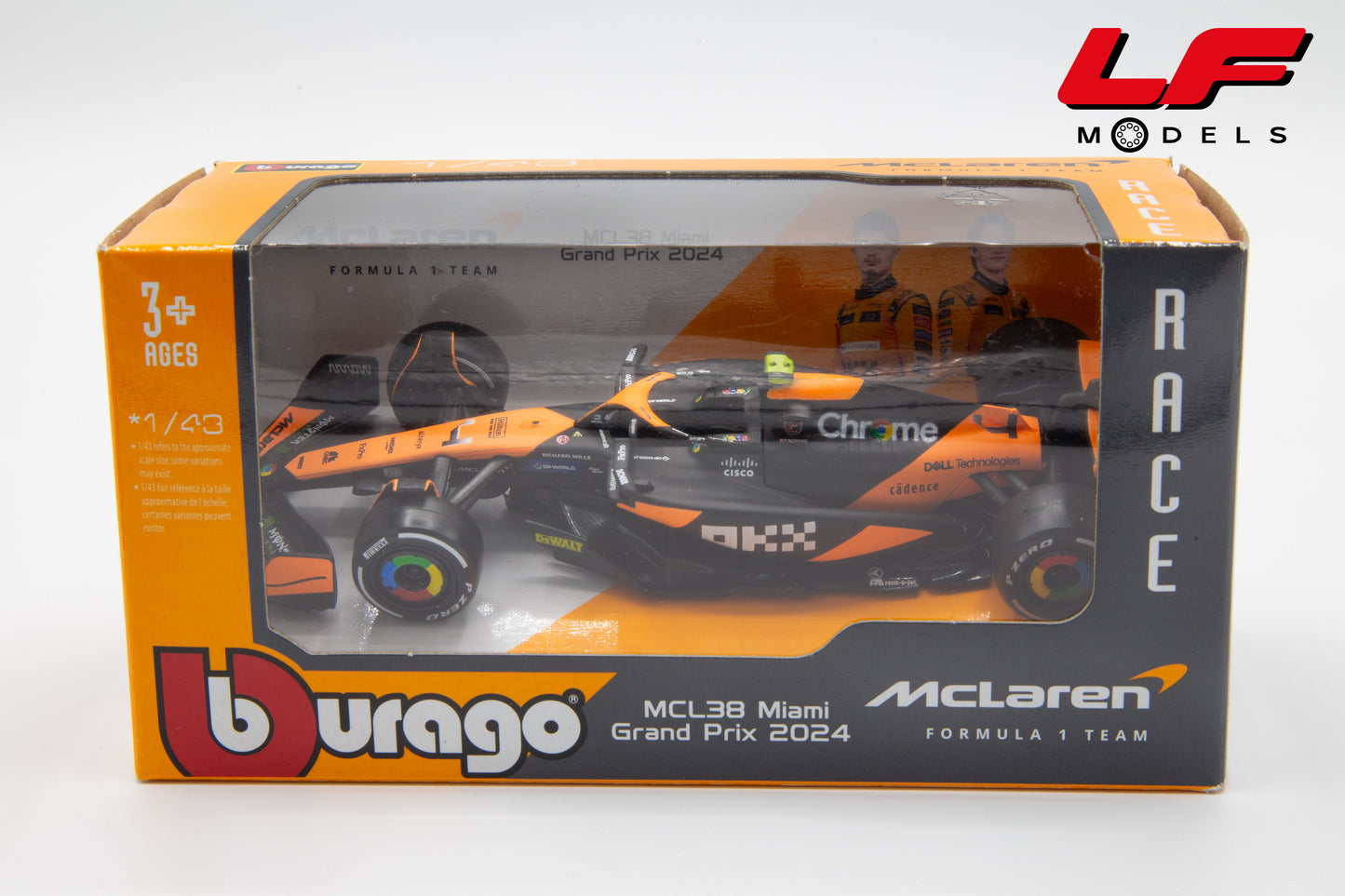 modellino mclaren mcl38 miami gp 2024 burago 1:43 18-38214-N vista scatola