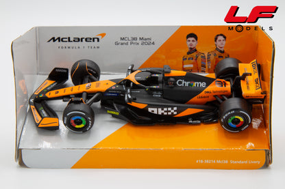 modellino mclaren mcl38 miami gp 2024 burago 1:43 18-38214-P vista frontale