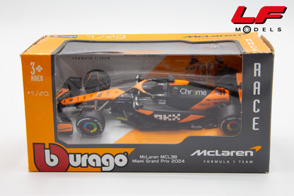modellino mclaren mcl38 miami gp 2024 burago 1:43 18-38214-P vista scatola