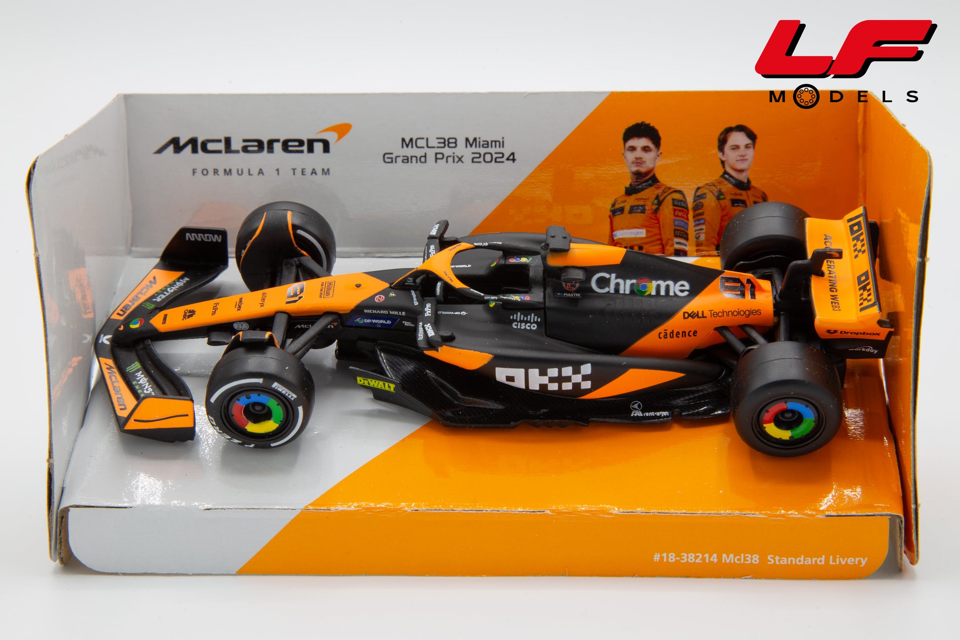 modellino mclaren mcl38 miami gp 2024 burago 1:43 18-38214-P vista frontale