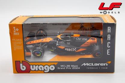 modellino mclaren mcl38 miami gp 2024 burago 1:43 18-38214-P vista scatola