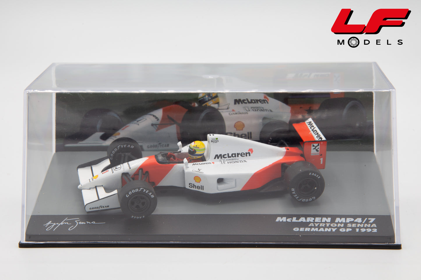 modellino mclaren mp4/7 Germany GP 1992 Ayrton Senna edicola 1:43 F1BRACOL031-30536 vista teca