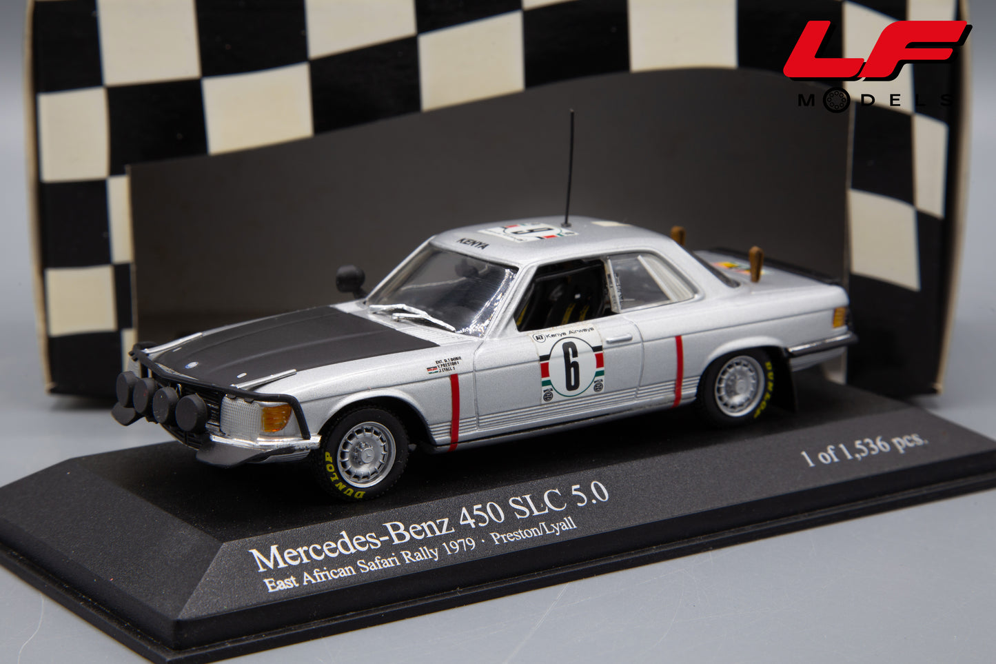 modellino mercedes 450 slc east african safari rally minichamps 1:43 frontale