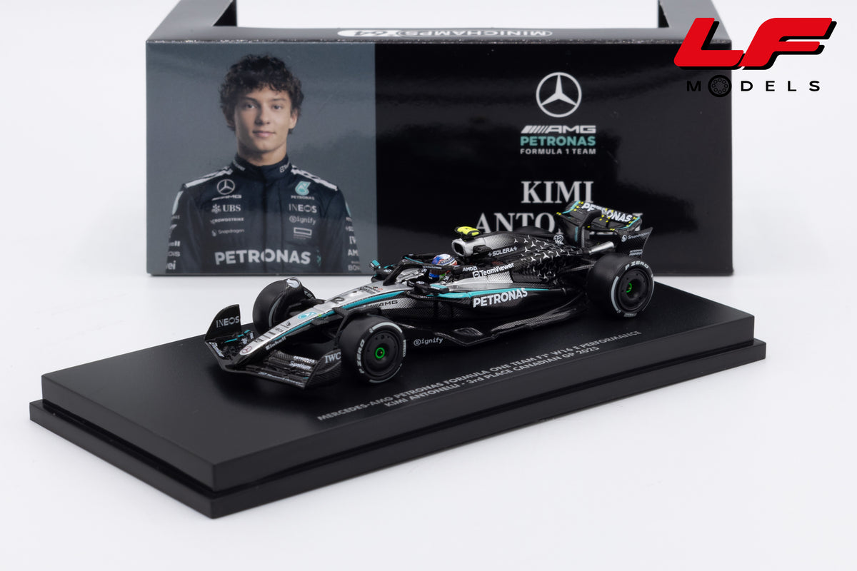 modellino mercedes f1 w16 kimi antonelli 3rd place canadian gp 2025 minichamps 1:64 640251012 vista frontale
