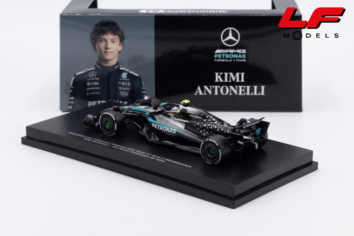 modellino mercedes f1 w16 kimi antonelli 3rd place canadian gp 2025 minichamps 1:64 640251012 vista posteriore