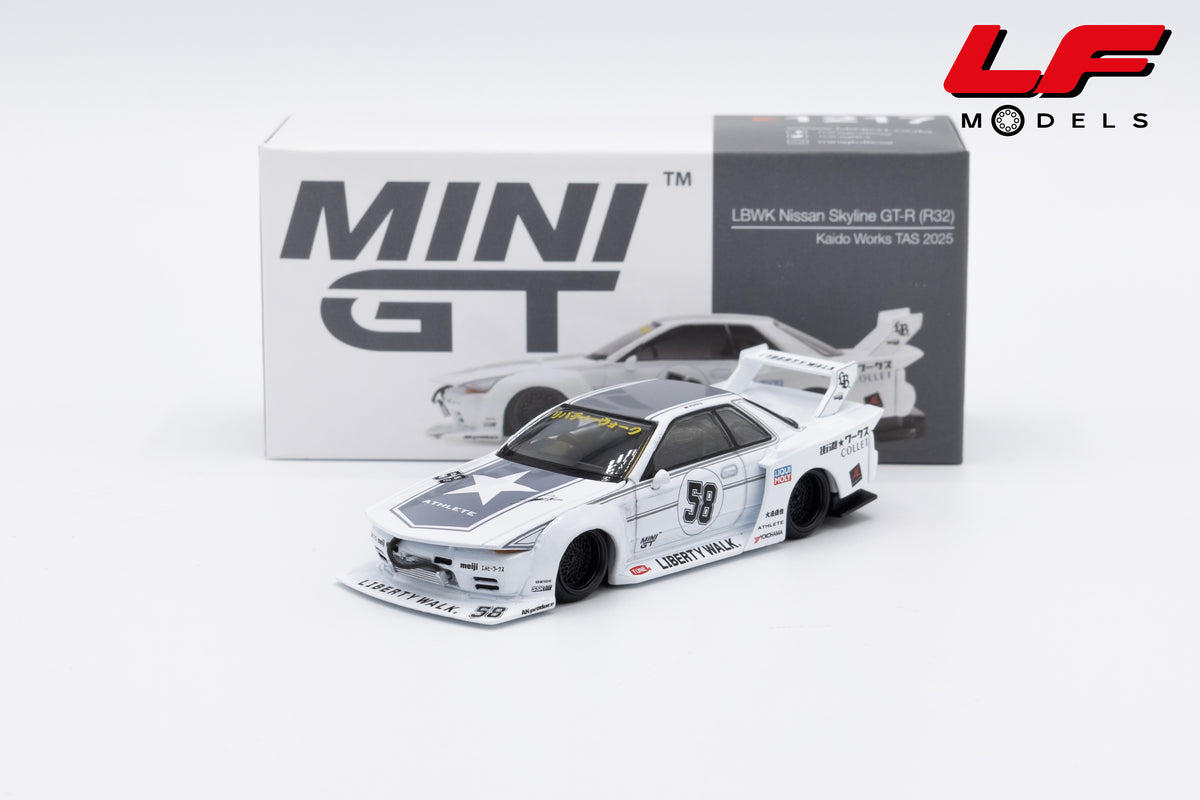modellino nissan skyline gtr r32 tas lbwk mini gt 1:64 MGT01217-R vista frontale