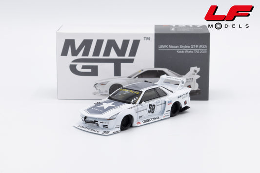 modellino nissan skyline gtr r32 tas lbwk mini gt 1:64 MGT01217-R vista frontale