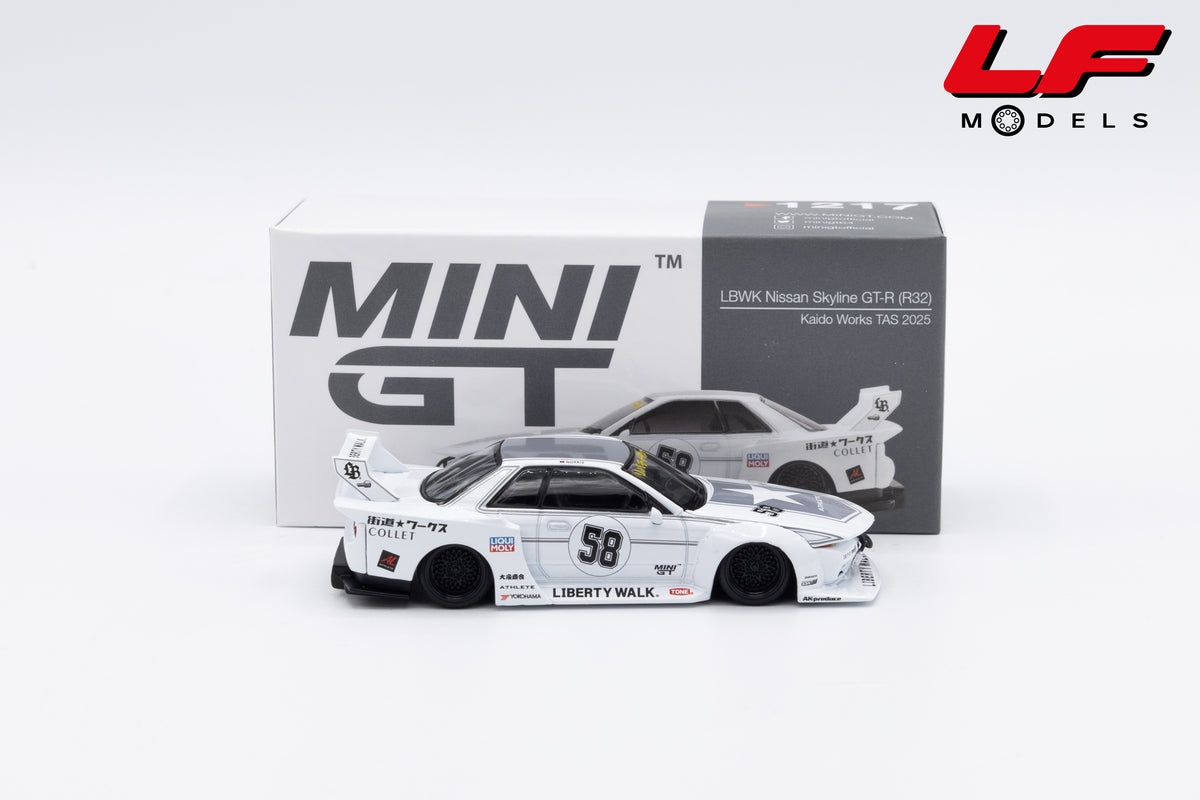 modellino nissan skyline gtr r32 tas lbwk mini gt 1:64 MGT01217-R vista laterale