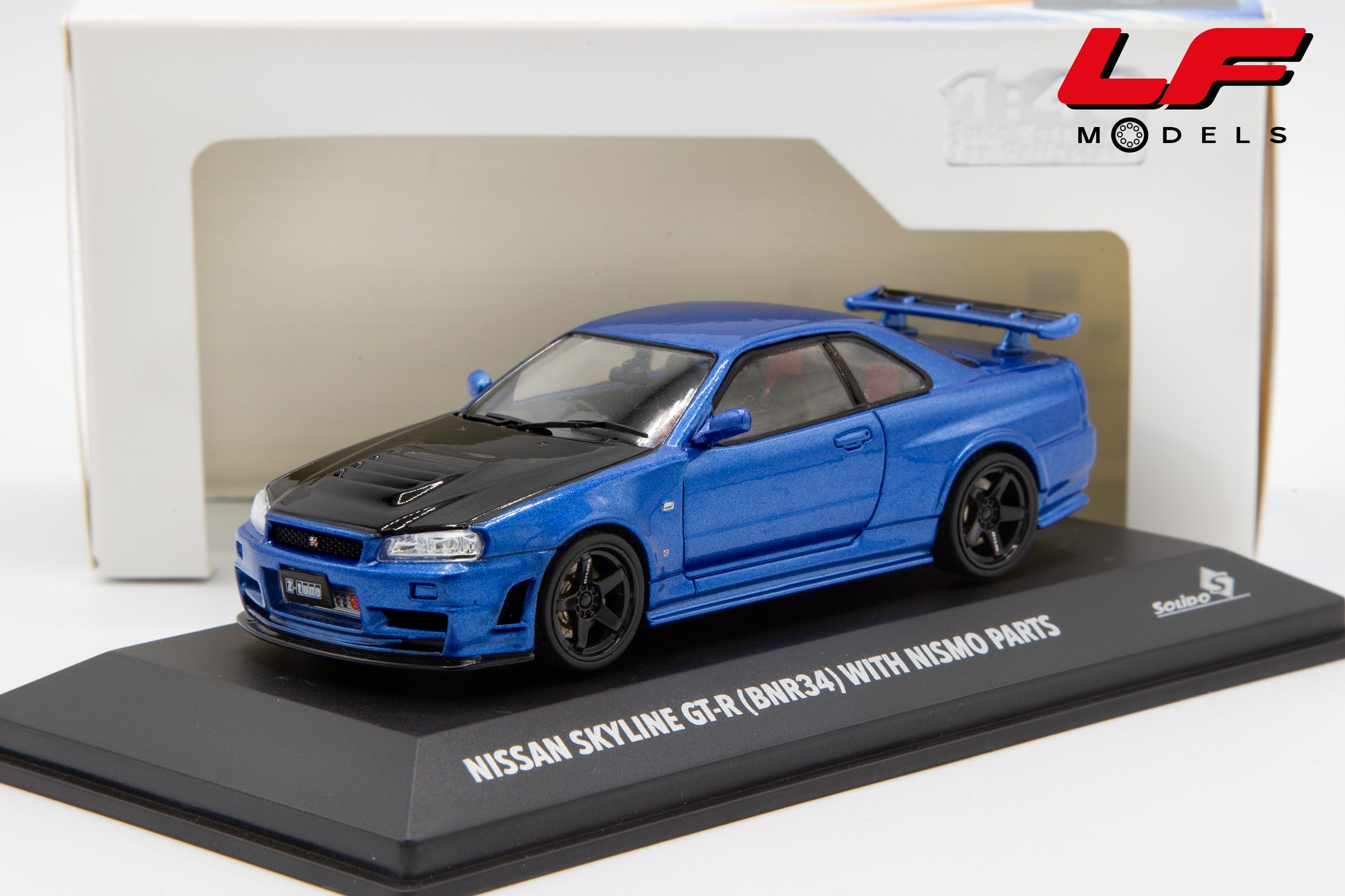 modellino nissan skyline gt-r bnr34 with nismo parts blu solido 1:43 4318202 vista frontale