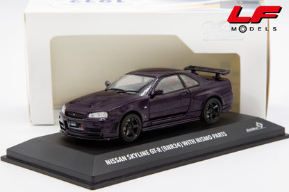 modellino nissan skyline gt-r bnr34 with nismo parts midnight purple solido 1:43 4318201 vista frontale