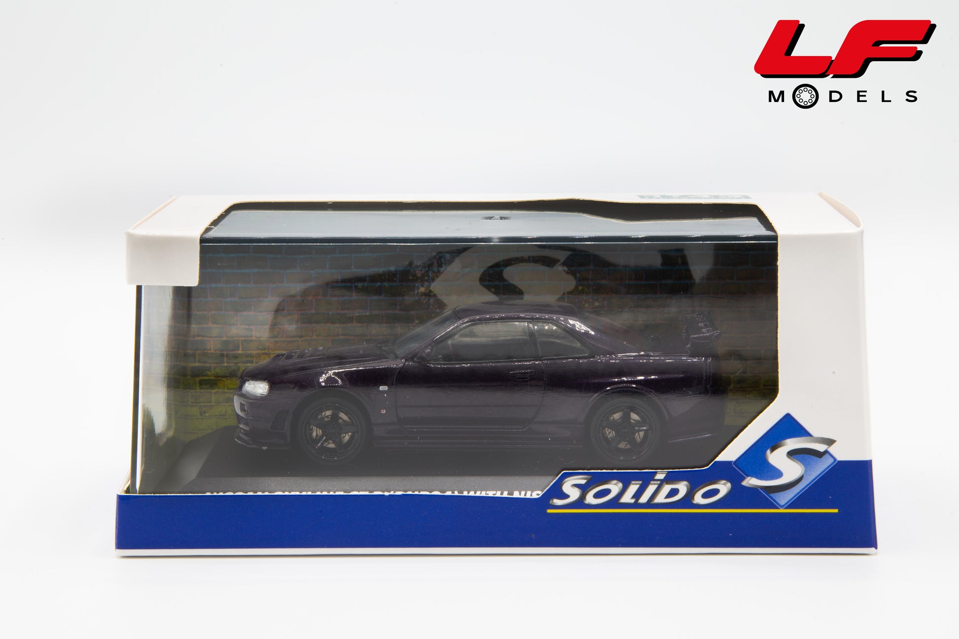 modellino nissan skyline gt-r bnr34 with nismo parts midnight purple solido 1:43 4318201 vista scatola