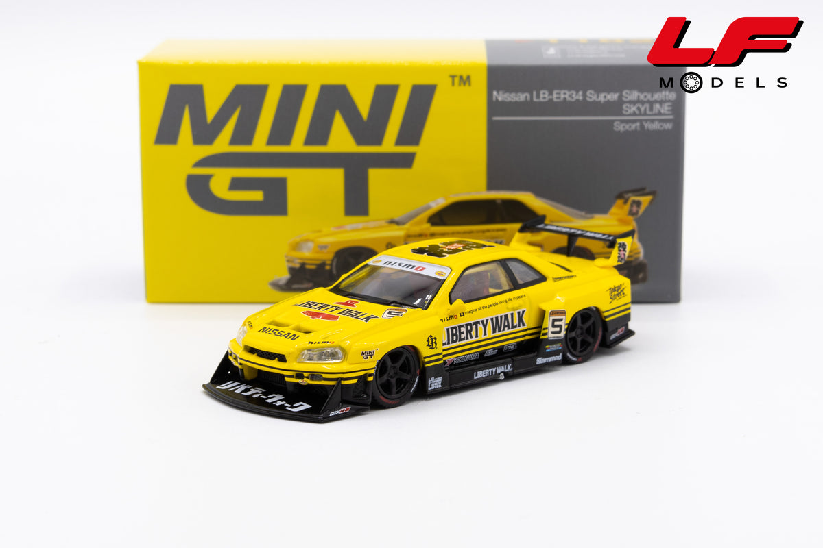 modellino nissan lb-er34 skyline mini gt 1:64 MGT01182-R vista frontale