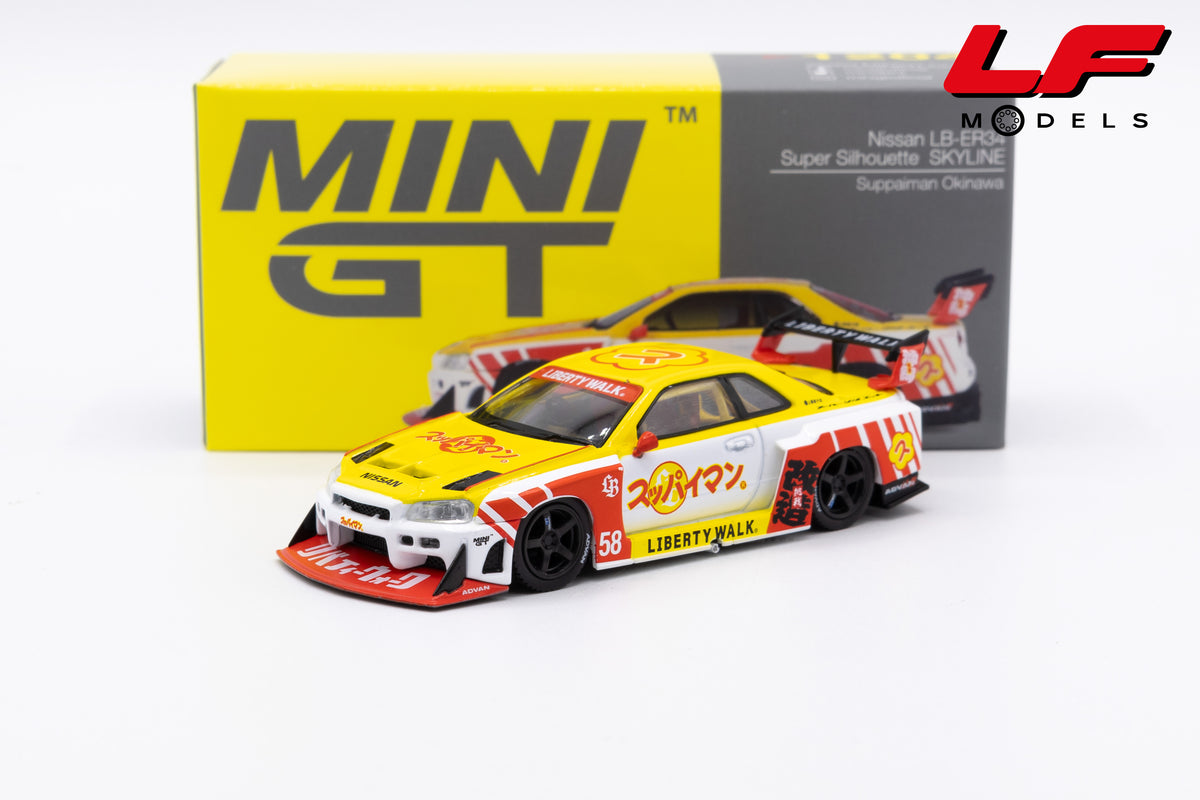 modellino nissan lb-er34 skyline okinawa mini gt 1:64 MGT01204-R vista frontale