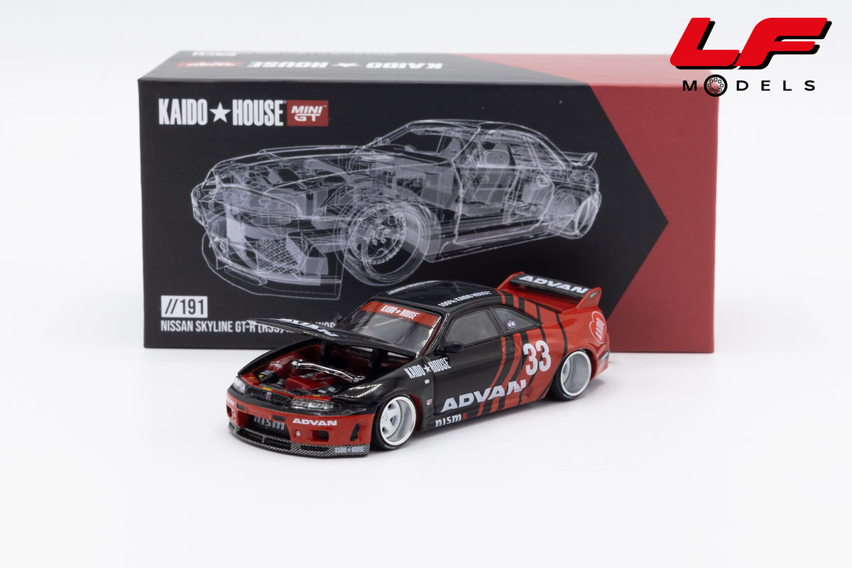 modellino nissan skyline gtr r33 kaido house mini gt 1:64 KHMG191 vista frontale