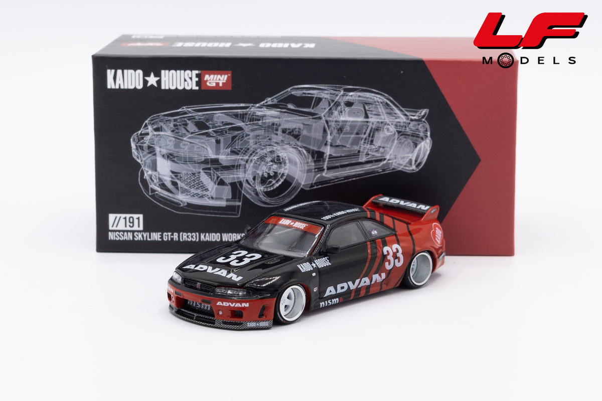 modellino nissan skyline gtr r33 kaido house mini gt 1:64 KHMG191 vista frontale