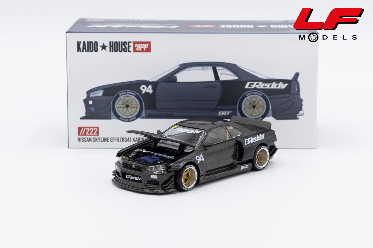modellino nissan skyline gtr r34 kaido house mini gt 1:64 KHMG222 vista frontale