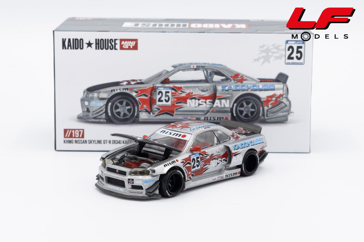 modellino nissan skyline gtr r34 kaido house mini gt 1:64KHMG197 vista frontale