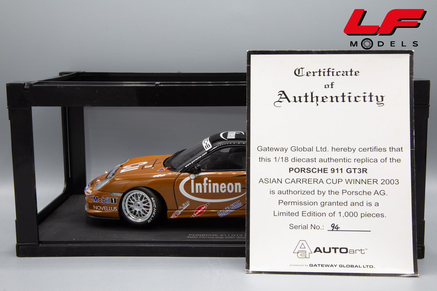 modellino porsche 911 gt3r asian cup 2003 autoart 1:18 certificato
