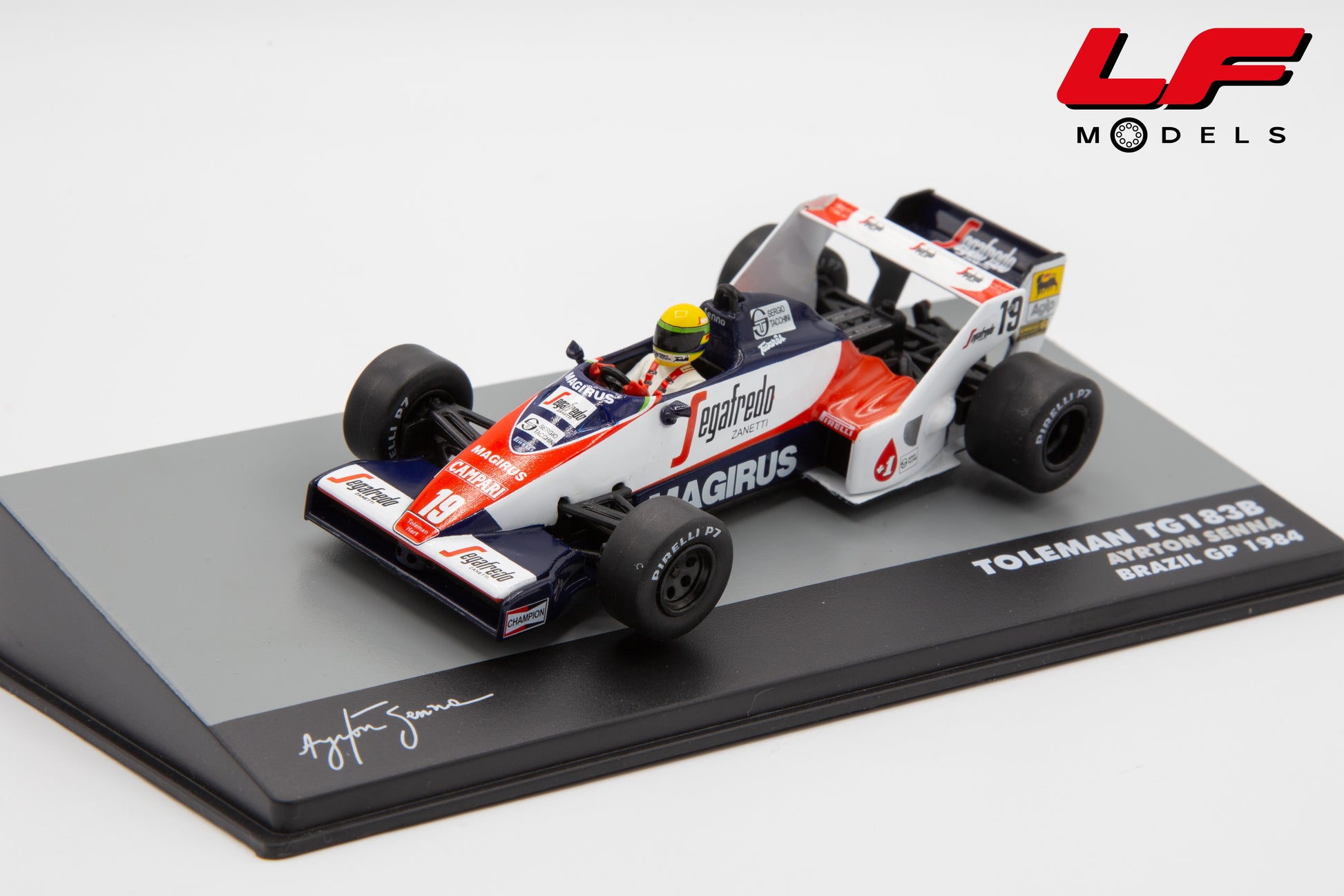 modellino toleman tg183b brazil gp 1984 ayrton senna edicola 1:43 F1BRACOL010-32407 vista frontale