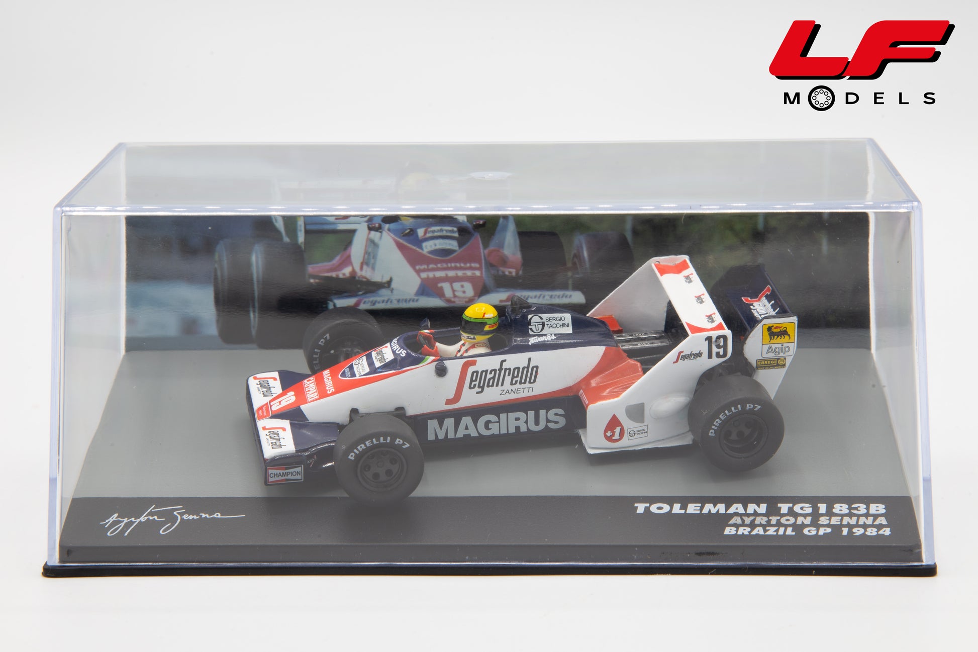 modellino toleman tg183b brazil gp 1984 ayrton senna edicola 1:43 F1BRACOL010-32407 vista teca