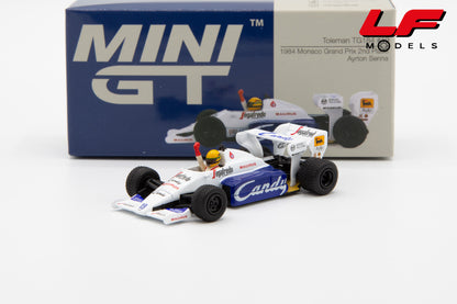 modellino toleman tg184 monaco gp ayrton senna mini gt 1:64 MGT01118-L vista frontale