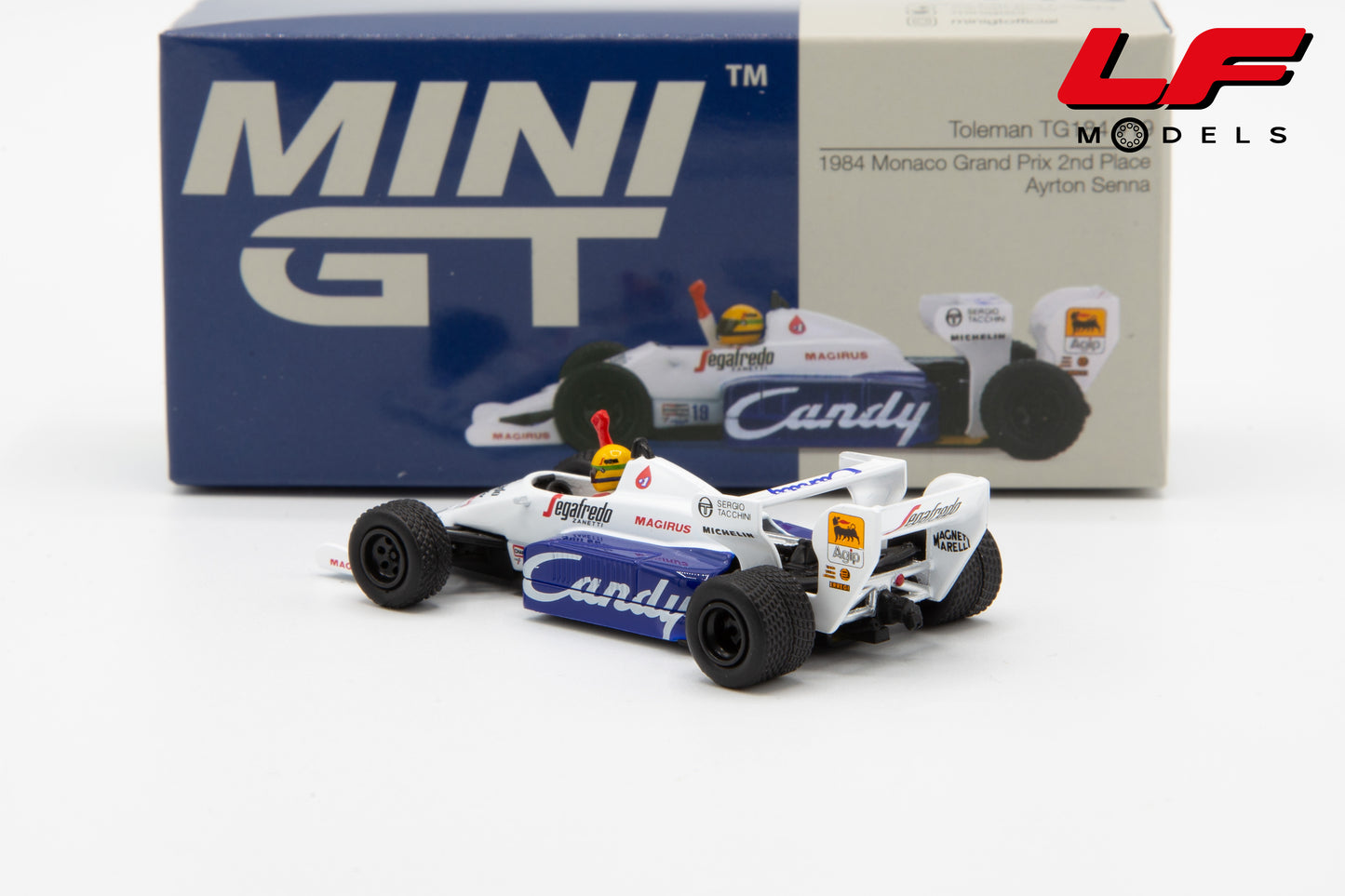 modellino toleman tg184 monaco gp ayrton senna mini gt 1:64 MGT01118-L vista posteriore